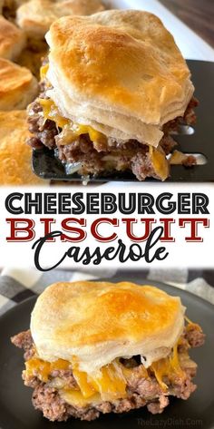 cheeseburger biscuit casserole on a black plate with text overlay