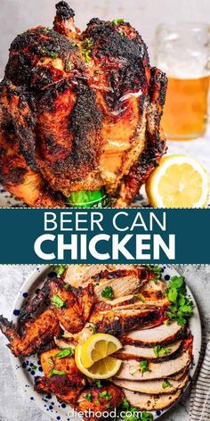 beer can chicken on a plate with lemons and parsley