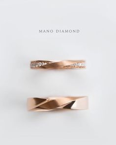 two different types of wedding rings with diamonds on top and bottom, one in rose gold