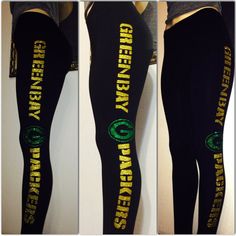 three pictures of leggings with the words green bay packers printed on them in gold and black