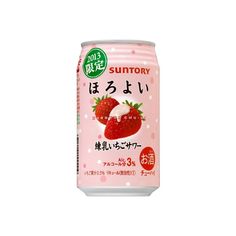 a can of yogurt with strawberries in it on a white background and japanese writing