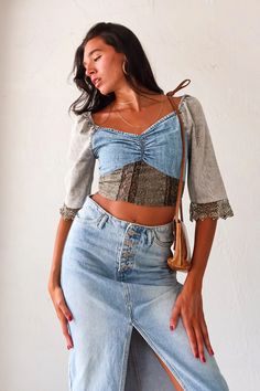 Mix denim crop top. Smock back for comfortable fit. 3/4 sleeve with crochet detail design. Elastic at shoulder for on or off shoulder look. Runs true to size. Sofia wears size small. Slight stretch and non lined. Hand wash cold. Paired with the Melrose Denim Midi Skirt foumd online AND in store girls 😗 Chic Cropped Denim Blue Crop Top, Chic Denim Blue Cropped Crop Top, Trendy Cropped Denim Top For Day Out, Spring Denim Crop Top, Medium Wash Crop Top For Spring, Spring Medium Wash Crop Top, Stretch Cropped Denim Top For Summer, Fall Cropped Denim Top, Spring Festival Denim Top