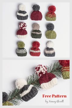 knitted hats and mittens with pine needles on white background, text reads free pattern