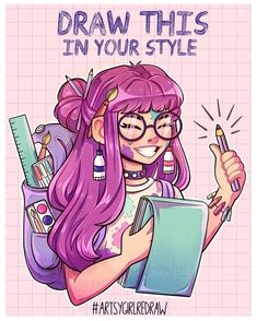 a drawing of a girl with pink hair and glasses holding a clipboard in her hand