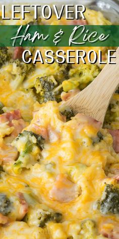 broccoli and ham casserole in a pan with a wooden spoon