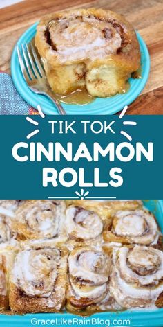 cinnamon rolls with heavy cream on top and in a blue dish next to a fork