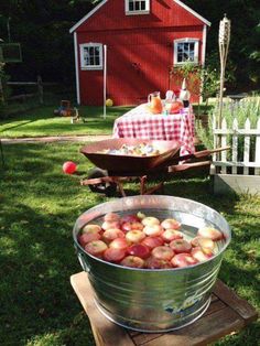 a large metal bucket filled with apples on top of a grass covered field next to a red barn