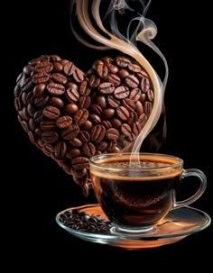 a cup of coffee with steam rising out of it and some beans in the shape of a heart