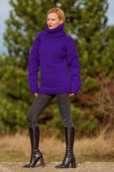 I just added a new item to eBay, SuperTanya  purple wool sweater thick turtleneck hand knit winter pullover S-M! #eBay #eBaySeller Soft Wool Sweater, Woman Sweater, Pullover Sweater Men, Winter Pullover, Purple Design, Yarn Sizes, Sweater Material, Plain Design, Pullover Men