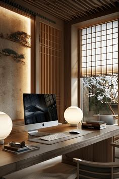 a desk with a computer on top of it next to a chair and lamp in front of a window