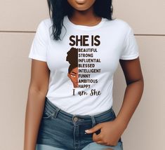 "I Am She Shirt" Original artwork by Raji Janae Arts This classic unisex Brown Girl Shirt fits like a well-loved favorite. UNISEX T SIZE: LADIES: - If you wear a medium for women - I would suggest a small. - If you wear a large for women - I would suggest a medium. * 100% ringspun cotton * 4.5 oz RETURNS & EXCHANGES: We don't accept returns or exchanges. Please contact us if you have any problems with your order. Shirt Curly Hair, Afro Women, Girl Shirt, Brown Girl, Hair Black, Shirt Fits, Black Art, Shirts For Girls, Natural Hair