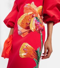 Amira embroidered floral midi dress in red - Safiyaa | Mytheresa Red Embroidered Dress, Long Gown Styles, Embellishment Embroidery, Ankara Long Gown, Ankara Long Gown Styles, Recycled Dress, Glam Dress, A Line Cocktail Dress, Dress 2022