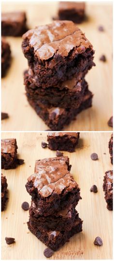 chocolate brownies are stacked on top of each other and one is cut in half