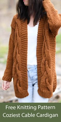 a woman wearing a brown cardigan with text overlay that reads free knitting pattern coziet cable cardigan