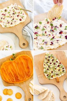 four pictures showing different types of food on cutting boards, including cheese and crackers