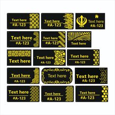 some black and yellow tags with gold designs