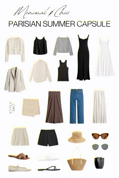 Minimal & Chic Parisian Summer Capsule Wardrobe - Stitch & Salt Parisian Capsule Wardrobe, Sf Aesthetic, Parisian Summer Outfits, French Wardrobe Basics, Summer Outfit Guide, Style Parisian Chic, Parisian Wardrobe