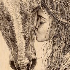 a drawing of a girl and a horse's head with long hair on it