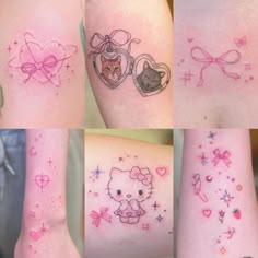 four pictures of different tattoos with cats and hearts on their arms, one has a cat in a heart