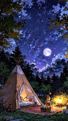 a teepee is lit up at night with the moon in the sky