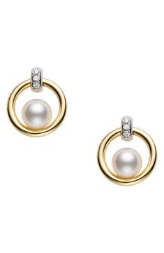 Glittering diamonds and glossy cultured pearls brighten these elegant circle earrings in 18-karat gold. Style Name:Mikimoto Cultured Pearl Circle Earrings. Style Number: 6249900. Mikimoto Pearl Earrings, Mikimoto Earrings, Build Wardrobe, Mikimoto Jewelry, Modern Pearl Earrings, Pearl Earrings Designs, Pearls Jewelry, Mikimoto Pearls, Expensive Taste