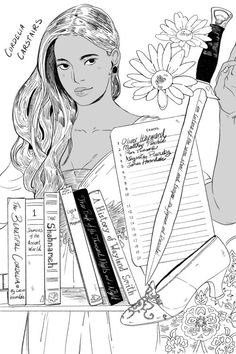 a drawing of a girl holding books and a flower in her hand with writing on it