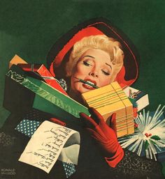 a magazine cover with a woman holding many boxes and writing on the front, as if it were from 1950's or 1960s's