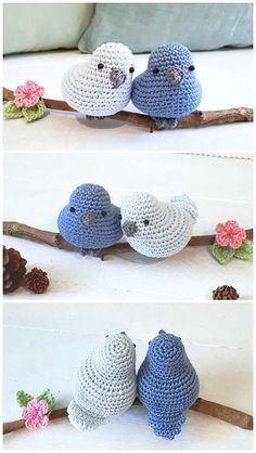 two crocheted birds sitting on top of a tree branch next to each other