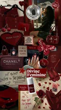 a collage of red and white items with the words divine feminine written on them