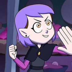 an animated woman with purple hair and glasses is making a hand gesture in front of the camera