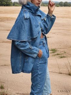 Lasaky – Sophisticated Denim Outerwear with Standing Collar and Long Sleeve Style – Lasaky Fashion Boutique Women's Streetwear Fashion, Long Sleeve Style, Denim Parka, Work Dress Code, Sleeves For Women, Maternity Photoshoot Outfits, Trendy Denim, Denim Outerwear, Standing Collar