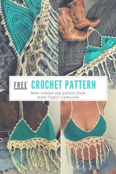 the crochet pattern is shown in three different colors, including blue and green