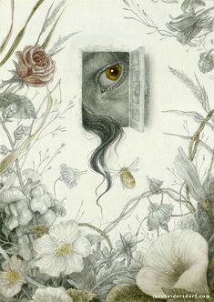 a drawing of an eye peeking through a window surrounded by wildflowers and flowers