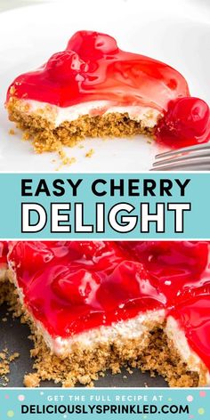 Don't miss out on this simple no-bake recipe! It's one of the best summer desserts ever. With a graham cracker crust and a cheesecake filling, this Easy Cherry Delight is so delicious! Dessert With Cherry Pie Filling Graham Crackers, Cherry Desert With Graham Cracker Crust, No Bake Cherry Cheesecake Cookie Lasagna, Cherry Cheesecake No Bake Condensed Milk, Cherry Pie Filling Recipes Easy, No Bake Cherry Cheesecake Lush, Cherry Yum Yum Recipe, Key Lime Cookie Recipe, Cherry Delight Dessert