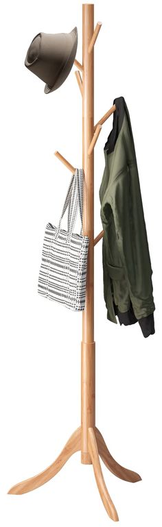 a coat rack with two coats hanging on it's sides and an umbrella in the middle