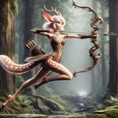 a woman dressed as a deer is holding a bow and arrow in the air with her right hand