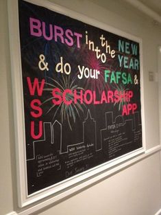 a chalkboard with words written on it and fireworks in the sky behind it that reads burst into the new year & do your fa