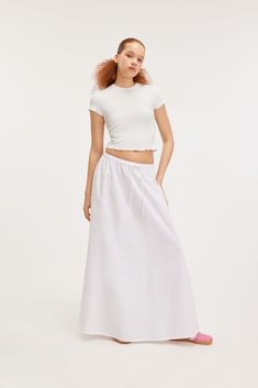 A-line Maxi Poplin Skirt - White - Monki IT Poplin Skirt, Cotton Poplin Fabric, Linen Shop, Tshirt Skirt, Shirt Skirt, Drawstring Waistband, White Skirts, Swimwear Accessories, Poplin Fabric