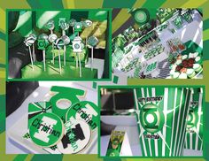 a collage of green and white items including cake, candies, cupcakes and candy