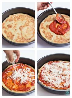 the process of making pizza with cheese and sauce on top, then being cut into pieces