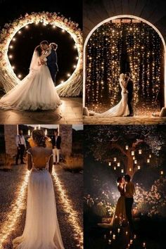 the bride and groom are surrounded by fairy lights