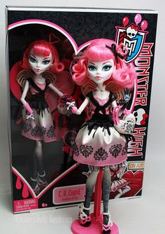 the monster high dolls have pink hair and black clothes