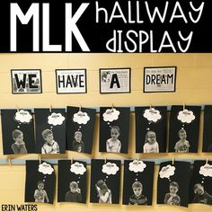 a bulletin board with black and white pictures hanging on it's sides, along with words that read mlk halfway display