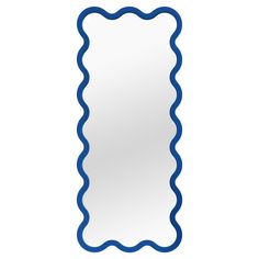 a blue scalloped mirror on a white background with the reflection of an object in it