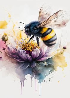 a bee sitting on top of a flower with watercolor splashes around it's edges