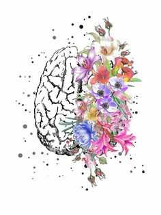 a drawing of flowers in the shape of a brain