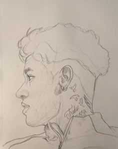 a drawing of a woman's face with ear piercings on her ears and neck