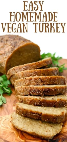 easy homemade vegan turkey sliced on a cutting board with parsley in the background