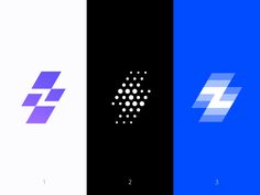 three different logos with the same color scheme as well as white, blue, and purple