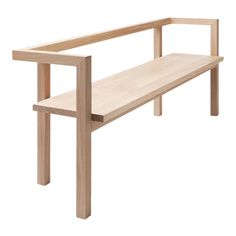 a wooden bench sitting on top of a white floor